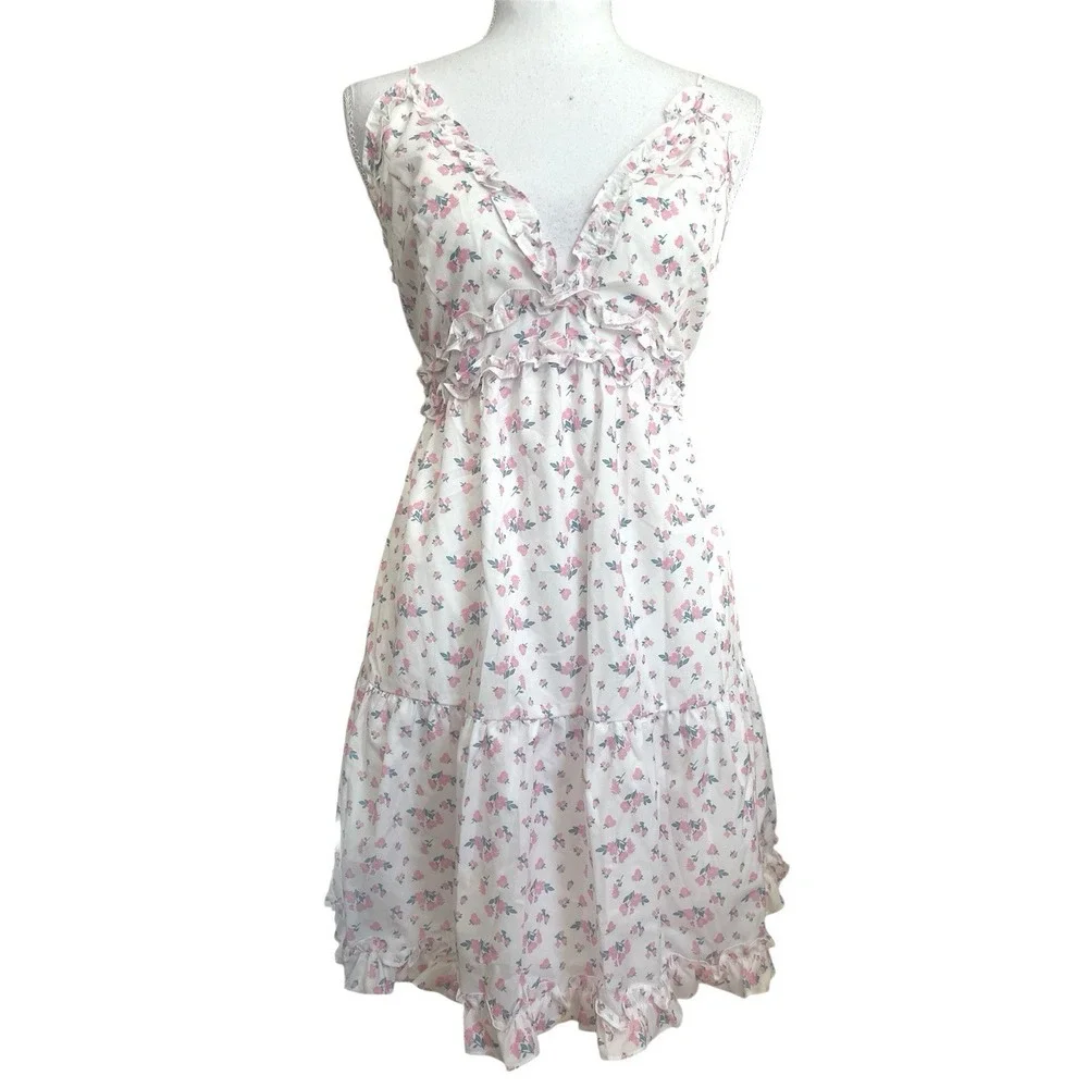 NWT Tiger Mist Claudette Pink Floral Ruffle Mini Dress Sz L Coquette Soft Girl - Picture 6 of 16